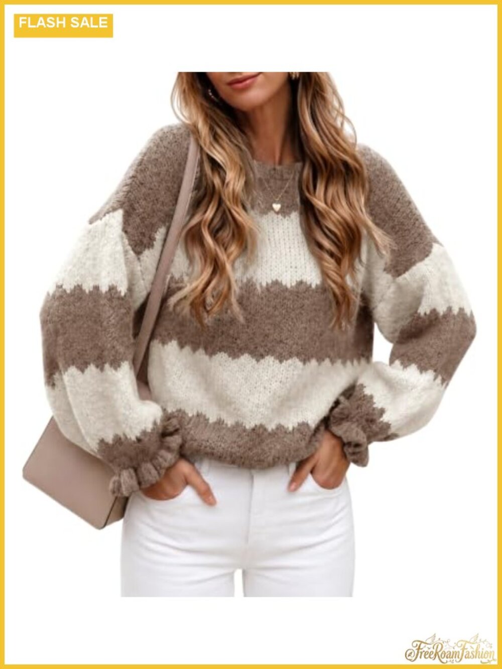 Striped Color Block Sweater Ruffle Puff Sleeve Pullover Top